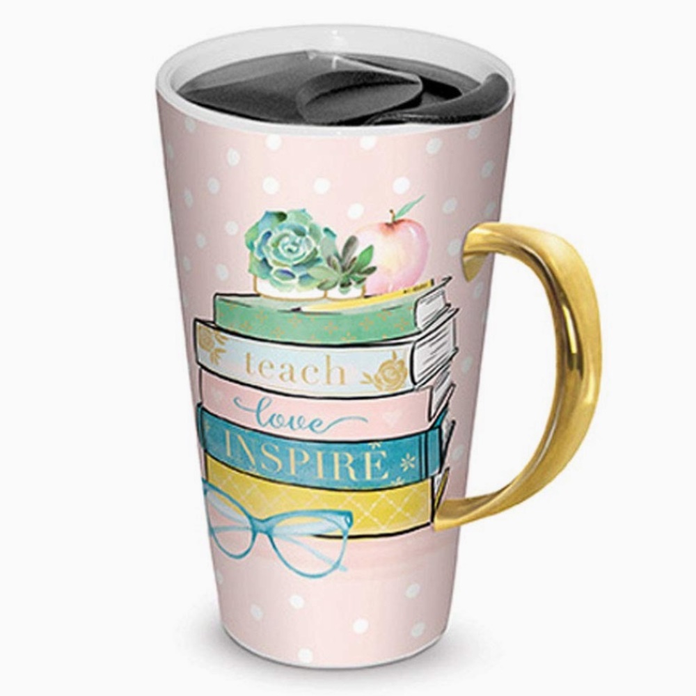 NWT LADY JANE 13oz CERAMIC PORCELAIN MUG WITH LID SERIES: TEACH LOVE INSPIRE